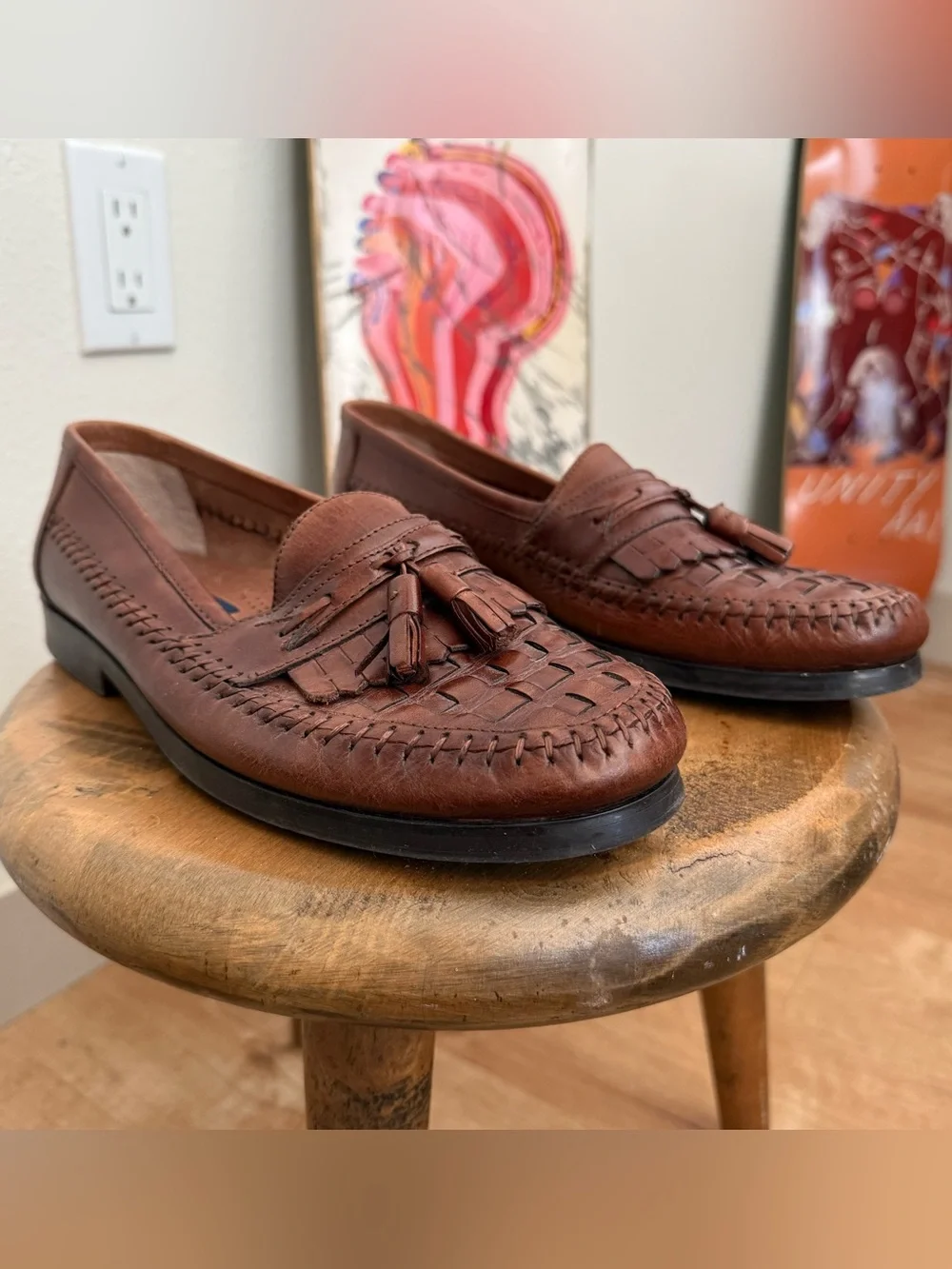Vintage 80s 90s Woven Brown Leather Tassel Loafers Giorgio Brutini ~ Size 8